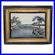 Vintage Antique Painting On Silk Japan Mt Fuji Bridge Trees Framed Under Glass