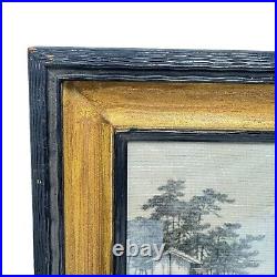 Vintage Antique Painting On Silk Japan Mt Fuji Bridge Trees Framed Under Glass