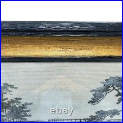 Vintage Antique Painting On Silk Japan Mt Fuji Bridge Trees Framed Under Glass