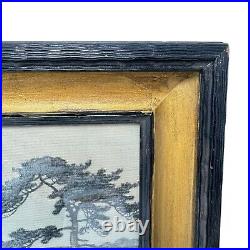 Vintage Antique Painting On Silk Japan Mt Fuji Bridge Trees Framed Under Glass