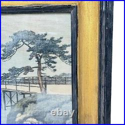 Vintage Antique Painting On Silk Japan Mt Fuji Bridge Trees Framed Under Glass