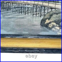 Vintage Antique Painting On Silk Japan Mt Fuji Bridge Trees Framed Under Glass