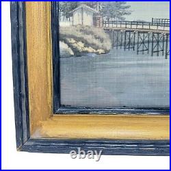 Vintage Antique Painting On Silk Japan Mt Fuji Bridge Trees Framed Under Glass