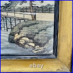 Vintage Antique Painting On Silk Japan Mt Fuji Bridge Trees Framed Under Glass