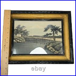 Vintage Antique Painting On Silk Japan Mt Fuji Bridge Trees Framed Under Glass