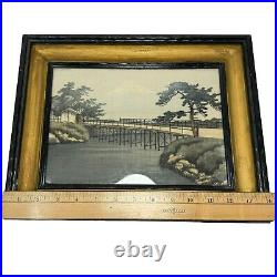 Vintage Antique Painting On Silk Japan Mt Fuji Bridge Trees Framed Under Glass