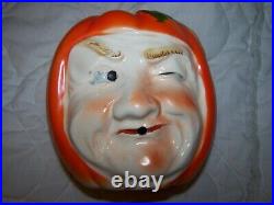 Vintage Antique String Holder Pumpkin Face Winking Anthropomorphic Ceramic Japan
