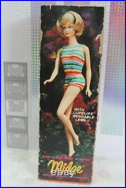 Vintage Barbie Bendleg Midge 1964 & original Swimsuit/ Box / Stand/ Inlay 60er