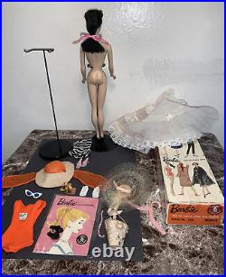 Vintage Barbie Brunette Ponytail #3 All Original Box, Stand, Booklet&Clothes EUC