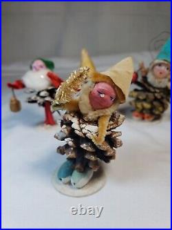 Vintage Christmas Pinecone Elves Putz Ornaments Spun Cotton Clay Composite Face