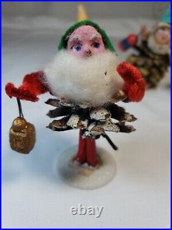 Vintage Christmas Pinecone Elves Putz Ornaments Spun Cotton Clay Composite Face