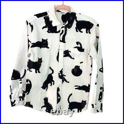 Vintage. E. L Button Front Shirt Mens Size XL All Over Cat Print Long Sleeve White