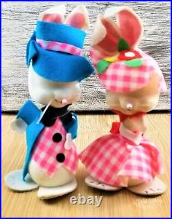 Vintage Felt Flocked Easter Parade Bunny Rabbit Couple Ornaments Japan Gingham