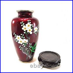 Vintage Guilloche Enamel Vase Pigeon's Blood Red Cherry Blossoms w Stand 7.25