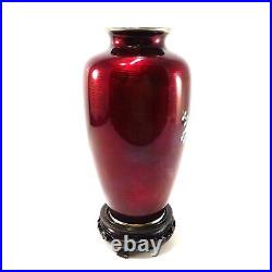 Vintage Guilloche Enamel Vase Pigeon's Blood Red Cherry Blossoms w Stand 7.25