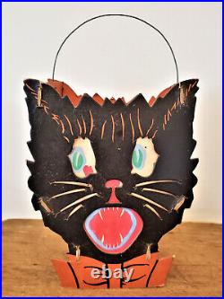 Vintage HALLOWEEN Black Cat DOUBLE SIDED Cardboard LANTERN Bow Tie INSERT