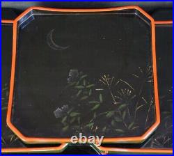 Vintage Japan tray lacquer wood moon flowers 1900 hand craft