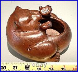 Vintage Japanese Bizen Ware Figural Brush Pot Washer & Stand Tanuki Belly Vessel