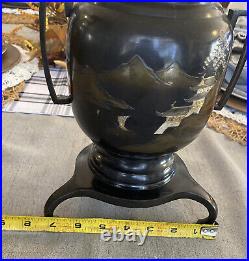 Vintage Japanese Footed Bronze Vase with Handles Mountain Scene 10 Tall Beauty