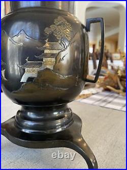 Vintage Japanese Footed Bronze Vase with Handles Mountain Scene 10 Tall Beauty