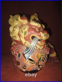 Vintage Japanese Kutani Ware Pottery Red Shishi Lion Statue 12 inch