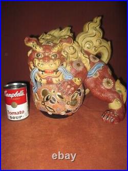 Vintage Japanese Kutani Ware Pottery Red Shishi Lion Statue 12 inch