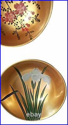 Vintage Japanese Lacquer Ware Bowl Set of 6 Gilted Paint Red Gold Black Asian