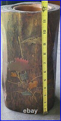 Vintage Japanese Meiji Wood & Copper Inlay Ikebana Log Vase 11 3/4