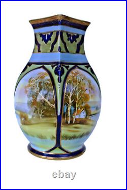 Vintage Japanese Porcelain Vase Nippon Hand Painted Scenery Double Handle 2