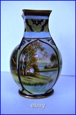 Vintage Japanese Porcelain Vase Nippon Hand Painted Scenery Double Handle 2