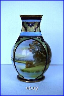 Vintage Japanese Porcelain Vase Nippon Hand Painted Scenery Double Handle 2