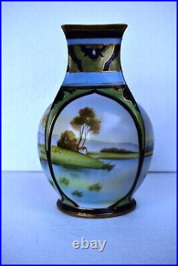 Vintage Japanese Porcelain Vase Nippon Hand Painted Scenery Double Handle 2