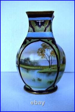 Vintage Japanese Porcelain Vase Nippon Hand Painted Scenery Double Handle 2