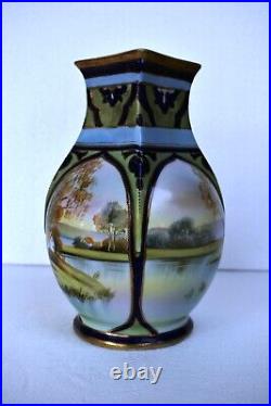 Vintage Japanese Porcelain Vase Nippon Hand Painted Scenery Double Handle 2