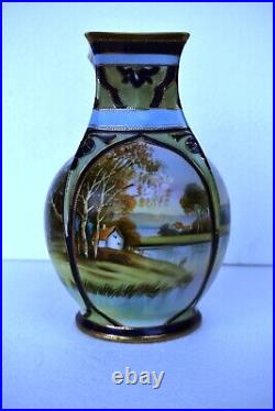 Vintage Japanese Porcelain Vase Nippon Hand Painted Scenery Double Handle 2