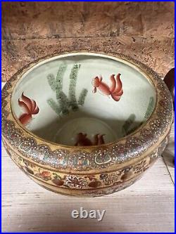 Vintage Japanese Royal Satsuma Hand Painted Large Fish Bowl Planter And Stand