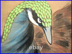 Vintage Japanese Scroll Peacock In VIVID Green & Blue Bird Painting Sumi 31x80