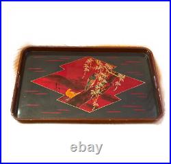 Vintage Japanese Wood Black Red Lacquer Tray Handles Birds And Flowers Japan 17