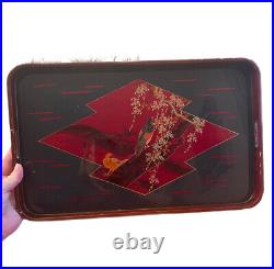 Vintage Japanese Wood Black Red Lacquer Tray Handles Birds And Flowers Japan 17