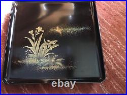 Vintage Japanese black lacquer square footed tray gold hand painted 14x14