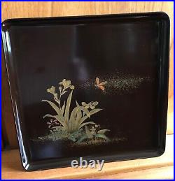 Vintage Japanese black lacquer square footed tray gold hand painted 14x14
