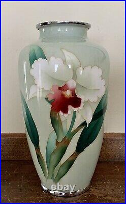 Vintage Japanese cloisonne vase celedon with White Orchid 7 Tall