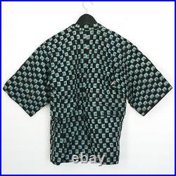 Vintage Japanese ikat boro cloth padded kimono jacket with scenic printed lining