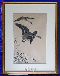 Vintage Ohara Koson Japanese Woodblock Print Two Geese In Snow
