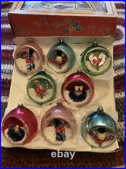 Vintage Set Of 8 Japan Mercury Glass Indent Diorama Christmas Ornaments 1950s