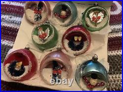 Vintage Set Of 8 Japan Mercury Glass Indent Diorama Christmas Ornaments 1950s