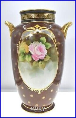 Vintage Signed 10 Noritake Roses Hydrangea Peony Flower Gold Greek Key Vase
