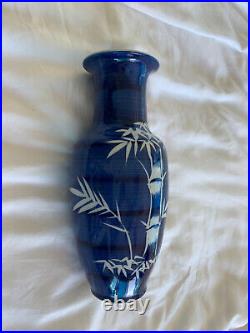Vintage antique blue Asian Japan porcelain bamboo decor vase 10.5