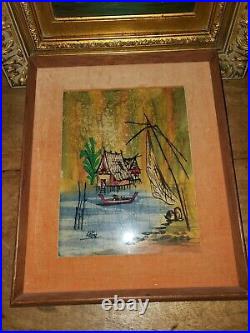 Vintage antique silk painted watercolor Asian signed painting art framed Japan