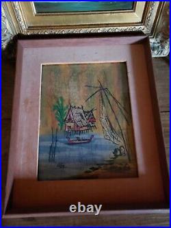 Vintage antique silk painted watercolor Asian signed painting art framed Japan